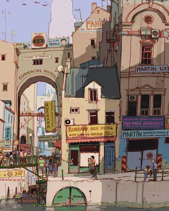 the image is a vibrant illustration of a bustling european city street scene. rendered in a loose, sketchy style, the artwork depicts a canal spanned by a bridge, with buildings crowding around on either side. the storefronts are plastered with signage, including "burbank house utilities" and "martin manufacturing co." the warm, sunny palette evokes a pleasant day, with long shadows stretching across the street and canal.  people go about their day, with a couple standing by the water in the foreground, enjoying the cityscape.