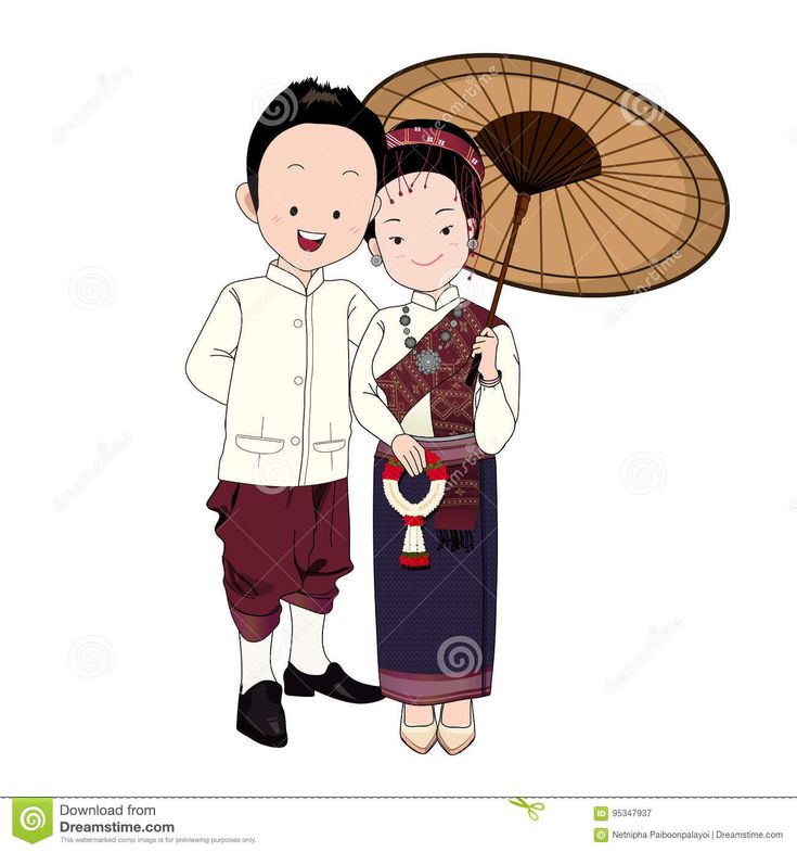a cartoon illustration of a thai couple in traditional clothing. the man is wearing a white shirt and maroon pants. the woman is wearing a purple and red skirt, a red top, and a gold necklace. they are both smiling and holding an umbrella.  the background is white.