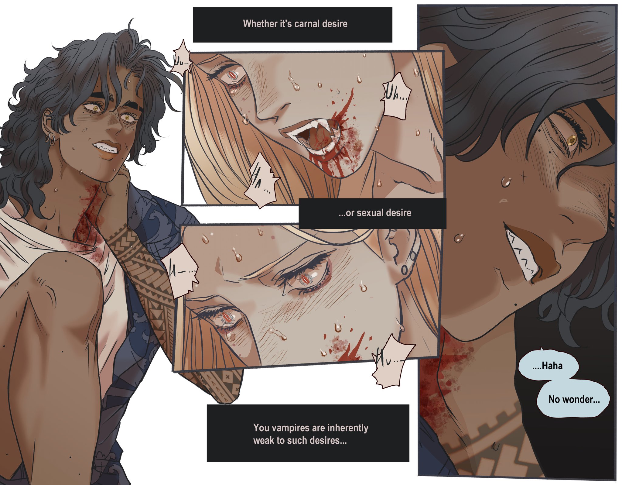 the image is a comic panel featuring two vampires, one male and one female. the panel is divided into several sections. on the left, a male vampire with dark hair and tribal tattoos on his arm is smirking, with blood on his neck and shoulder. in the center, there are two smaller panels depicting a fairhaired female vampire biting into someone's neck, with blood visible, and a closeup of her face showing her eyes and the bite mark. the text boxes read, "whether it's carnal desire... or sexual desire... you vampires are inherently weak to such desires..." on the right, there's a closeup of the male vampire's face, still smirking, with a text bubble saying, "...haha, no wonder..." the image conveys themes of lust, desire, and the inherent weaknesses of vampires.