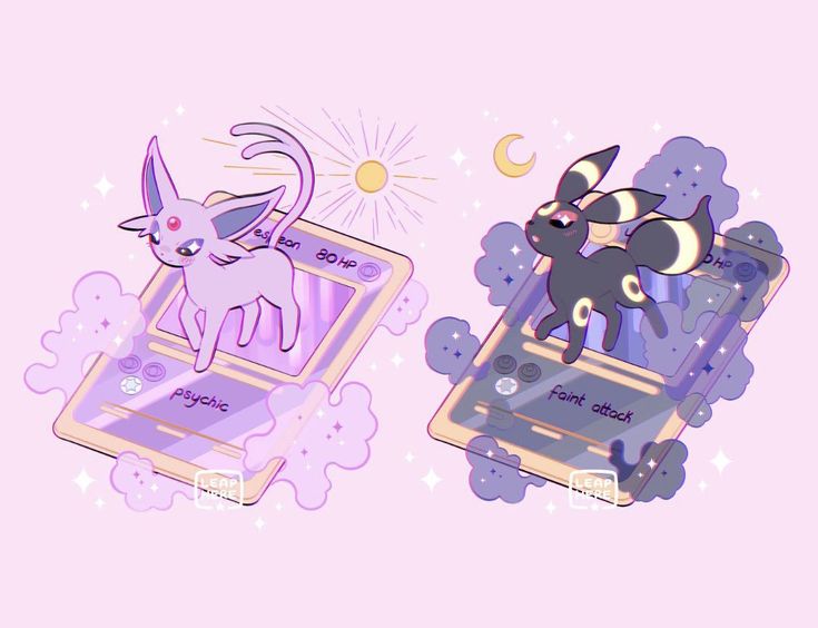 the image features two pokemon, espeon and umbreon, in a whimsical and pastelcolored setting. espeon, a pink and purple psychictype pokemon, stands atop a stylized pokemon card, surrounded by dreamy clouds and sparkles. the card features a purple and pink background and the word "psychic" written on it.  umbreon, a black and yellow darktype pokemon, is similarly depicted on a card, with a purple and grey background and the text "faint attack" on it. the image evokes a charming and magical feel, with its soft colors and intricate details.