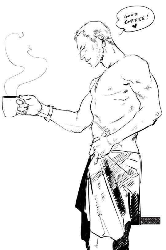 a black and white line drawing of a shirtless man holding a coffee cup. he is standing with his left arm outstretched and right arm in front of his chest, looking relaxed. smoke is curling up from the cup. above the man's head is a thought bubble that says "good coffee!" and has a heart.