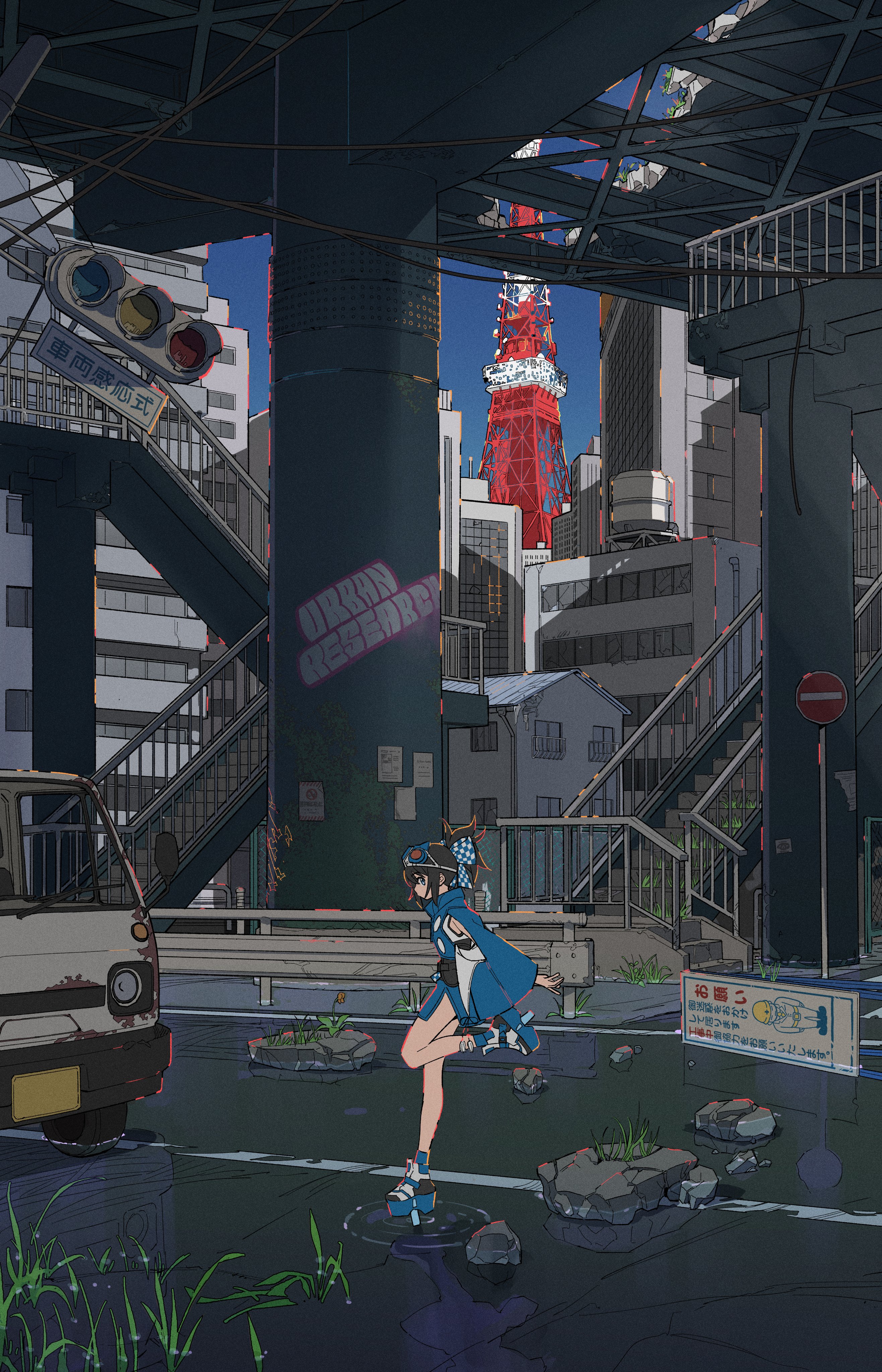 the image is a digital painting or illustration in anime style, depicting a young anime girl in a blue and white outfit skipping through puddles on a rainsoaked city street. the setting is a vibrant and detailed urban cityscape with a view of the tokyo tower in the background, partially obscured by city buildings and an overpass. the scene includes various elements such as stairs, graffiti on a pillar, a parked truck, and traffic lights, enhancing the atmospheric perspective of the illustration. the overall mood is tranquil and reflective, possibly hinting at solitude or quiet contemplation within a bustling urban environment. the style combines realistic architectural representation with stylized anime character design and color palettes.