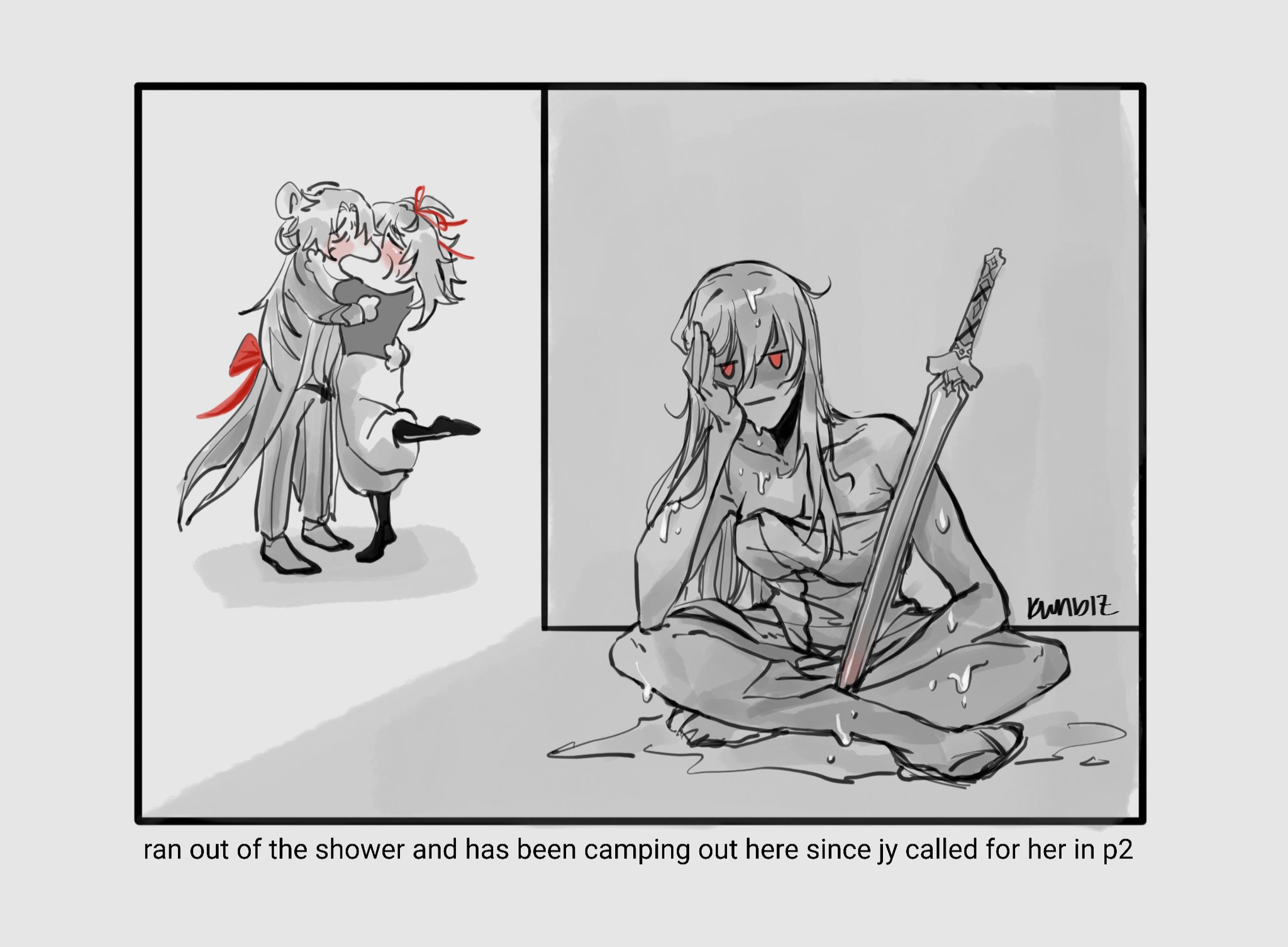this is a comic strip with two panels. on the left panel, a female character is hugging and kissing another female character. the character hugging has a red ribbon in her hair and the other character is wearing a short dress. on the right panel, a female character is sitting on the floor with her legs crossed. her eyes are red and her hair is long.  she is holding a sword with a towel wrapped around her body. the water is dripping from her body. there are some water drops on the floor around her.  there is a word "kunbiz" written in the lower right corner of the panel. below the comic strip, it says, "ran out of the shower and has been camping out here since jy called for her in p2".