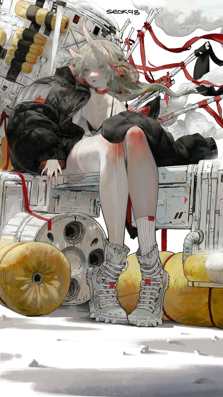 the image showcases a detailed digital painting or illustration of an animestyle girl with white hair and horns, seated on a complex piece of futuristic machinery that resembles a mecha or robot. she's dressed in a dark, puffy jacket and light clothing underneath. her expression is somewhat blank or emotionless.  the mechanical elements around her are intricately detailed, with various tubes, wires, and components visible.  red ribbons are interwoven with the machinery, adding a touch of color and visual interest. the overall style is a blend of fantasy and science fiction, with a focus on detailed rendering and a muted color palette.  the artist's signature, "seok98," is visible in the upper portion of the image. the background is predominantly white with hints of grey and faint clouds.  the image gives a strong impression of atmospheric perspective and depth.