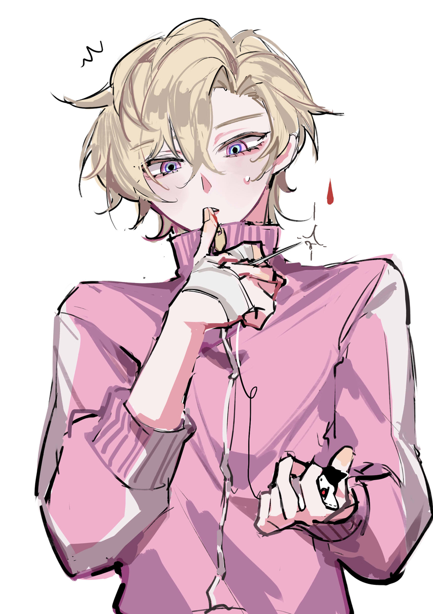 a young male anime character with blond hair, wearing a pink jacket, is looking down, holding his finger over his lips. his right hand is holding a set of headphones while a needle is stuck in his left hand. he's in a slightly nervous and playful expression.