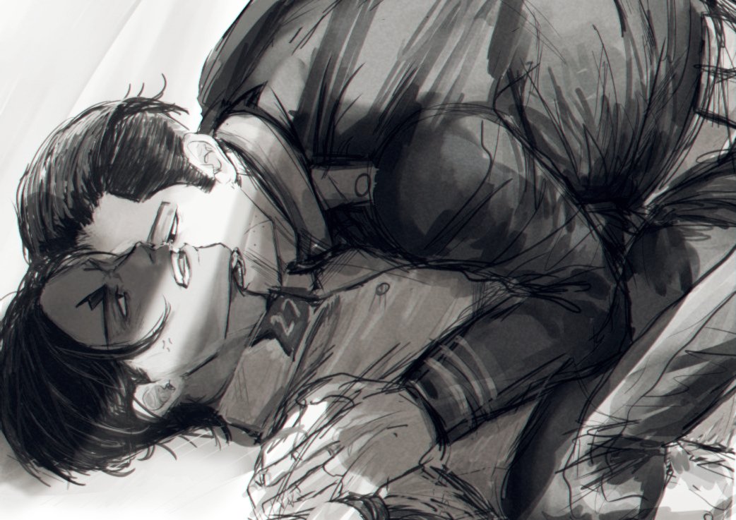 a black and white sketch of two anime men embracing each other passionately. the man in the foreground is wearing a military uniform and