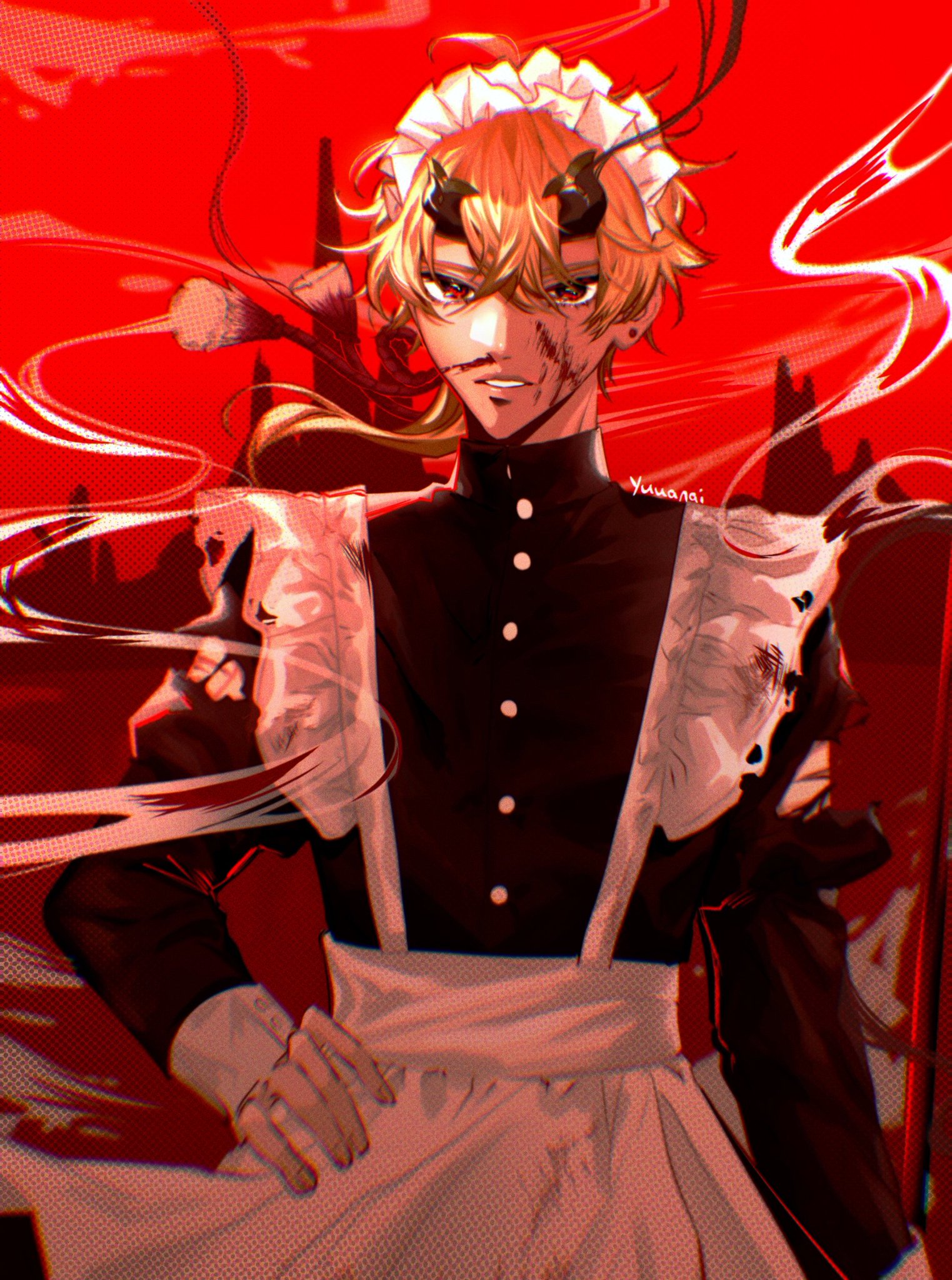 the image shows a detailed drawing of an animestyle character with a maid outfit. the character is dressed in a black and white maid outfit with a white apron. they have sharp, pointy horns and scars on their face, suggesting they are demonic or evil in nature. their long blond hair flows around them and their eyes are sharp and piercing. the background is a dark red, with swirling patterns that give the impression of smoke or shadows. the overall mood of the image is dark and mysterious, with a hint of danger.