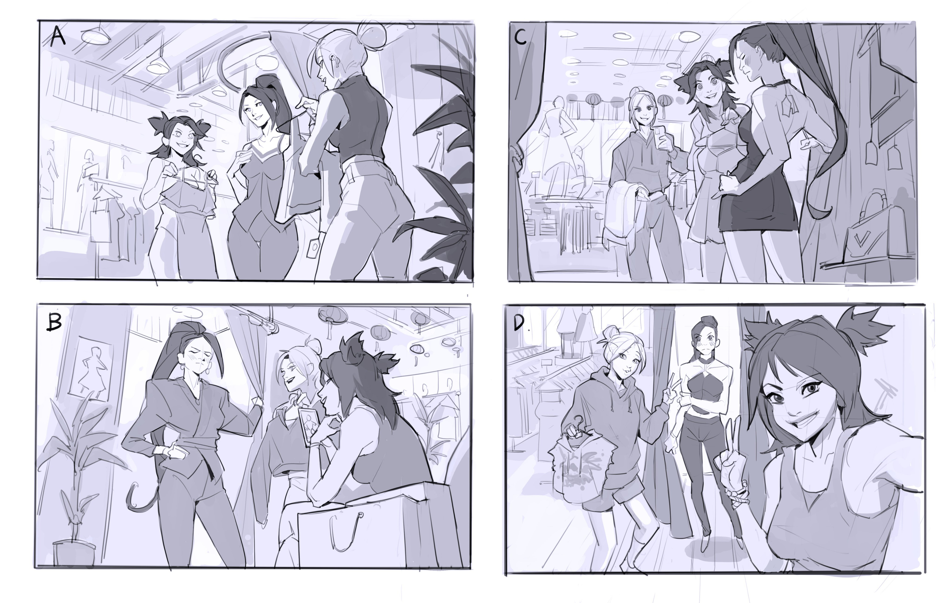 he image presents a storyboard or concept art, likely for an anime or manga style project. it's divided into four panels, each depicting a scene of several young women shopping for clothes in different fashion boutiques.  the art style is light and sketchy, primarily using grayscale with subtle shading to give a sense of depth and form. each panel shows different interactions and stages of the shopping experience; some panels show the women looking at clothes, others selecting garments, and one is a selfportrait moment. the overall tone is lighthearted and fun, focusing on friendship and female camaraderie.  the sketchy style suggests these are early design concepts rather than finished artwork.