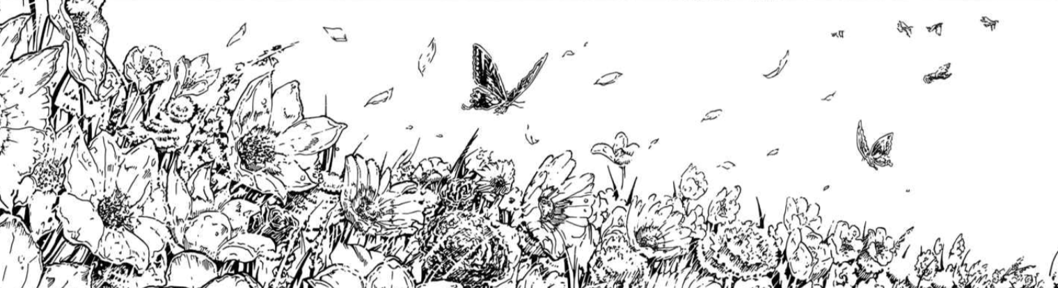 the image is a monochrome drawing depicting a garden scene filled with various types of flowers and butterflies. petals are also scattered around the scene. the style is artistic and sketchy.
