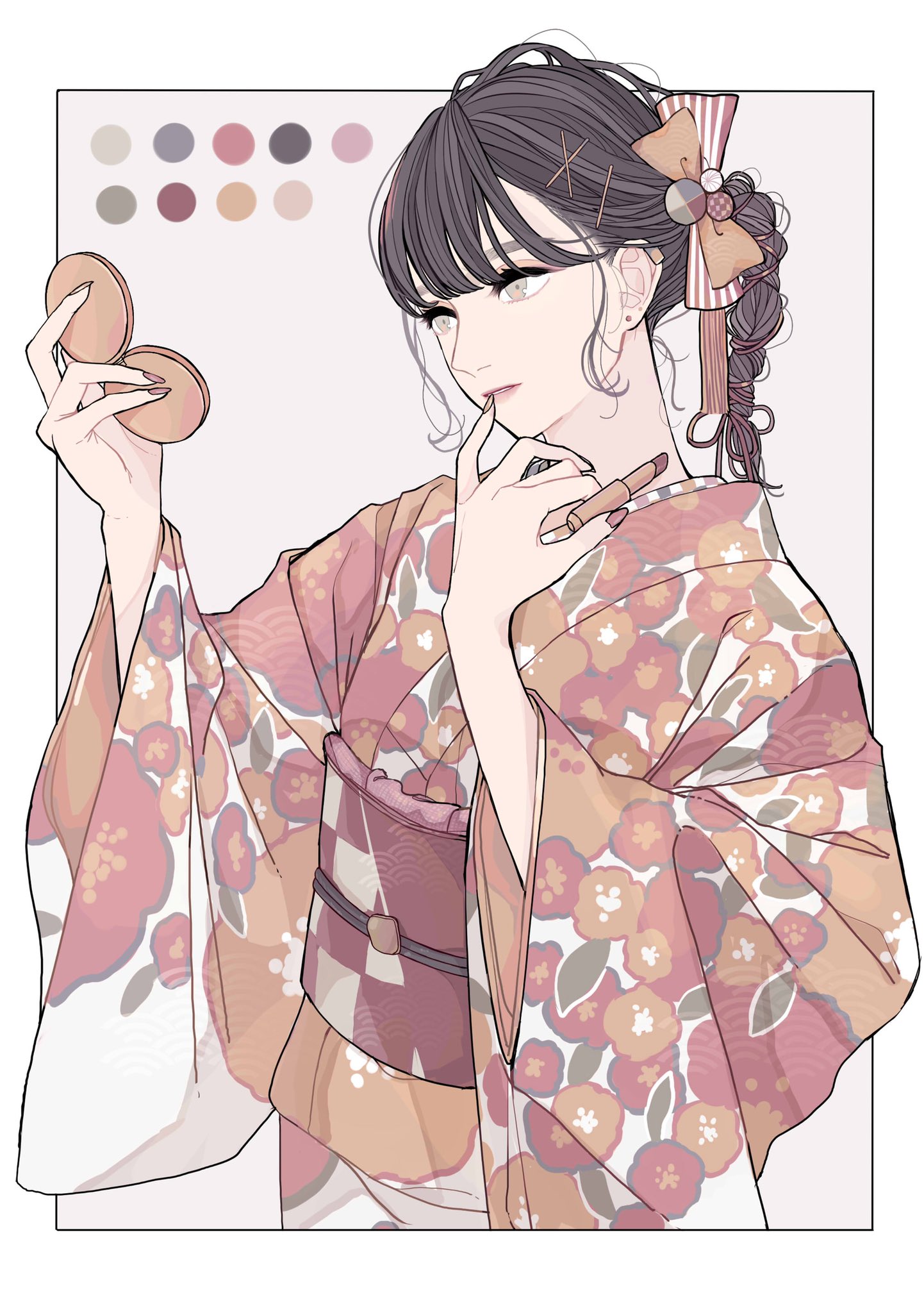 an animestyle portrait of a woman in a floralpatterned kimono, applying lipstick while holding a mirror. she has dark hair styled with hair accessories and a ribbon. a palette of colors is displayed in the upper left corner.