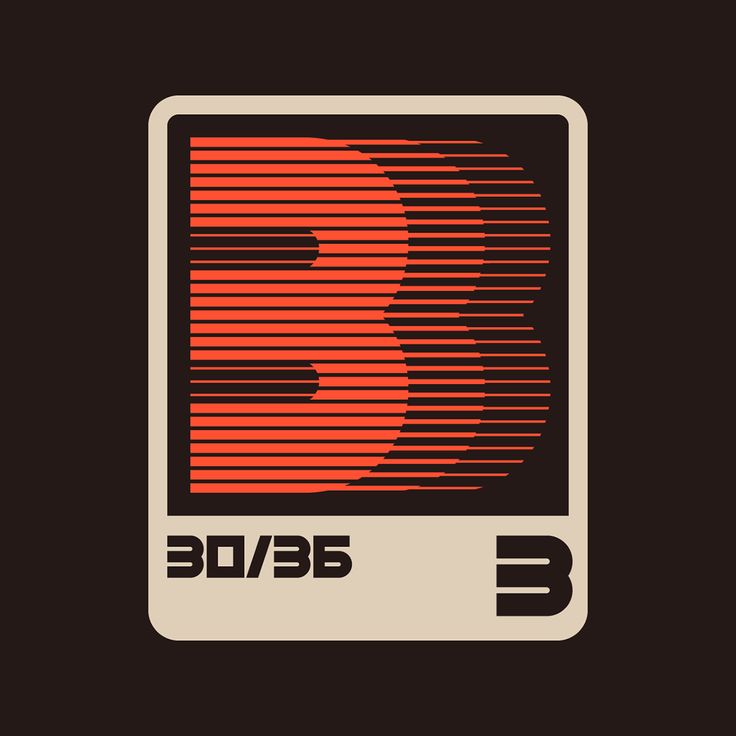 this image features a stylized number "b" in a retro, graphic design style. the "b" is constructed with horizontal lines creating a bold, abstract, 3d effect. the image has a minimalist feel with a vintage aesthetic. it is contained within a square frame with a title at the bottom "30/35" and a small "b" on the right side. the image is likely meant to be a logo, brand identifier or a design element.