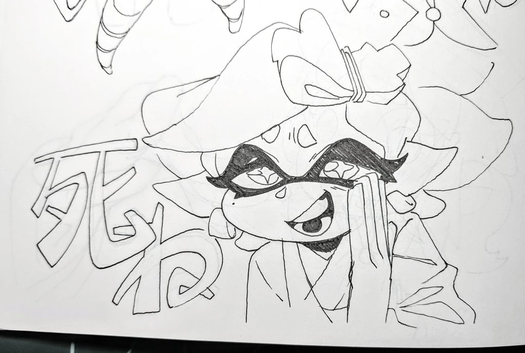 this is a drawing of an anime girl with long hair and a wide grin. she is wearing a kimono and has a playful expression on her face. the girl's hand is covering part of her face. the drawing is done in black ink on white paper. the word "death" is written in japanese in the background.