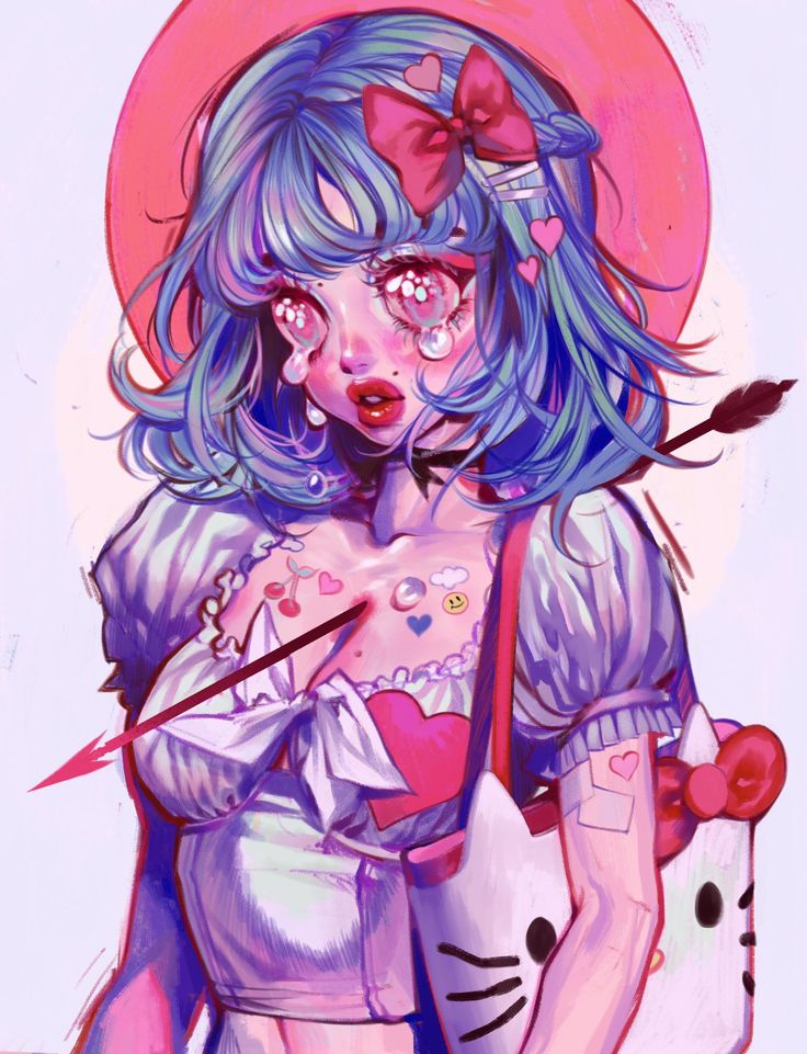 this is a digital illustration of an anime girl with blue hair and a red bow. she is wearing a white and pink dress and has an arrow through her heart. she is crying, and there are heartshaped stickers on her skin. her expression is sad, and she is holding a hello kitty bag. the overall style of the image is cute and kawaii.