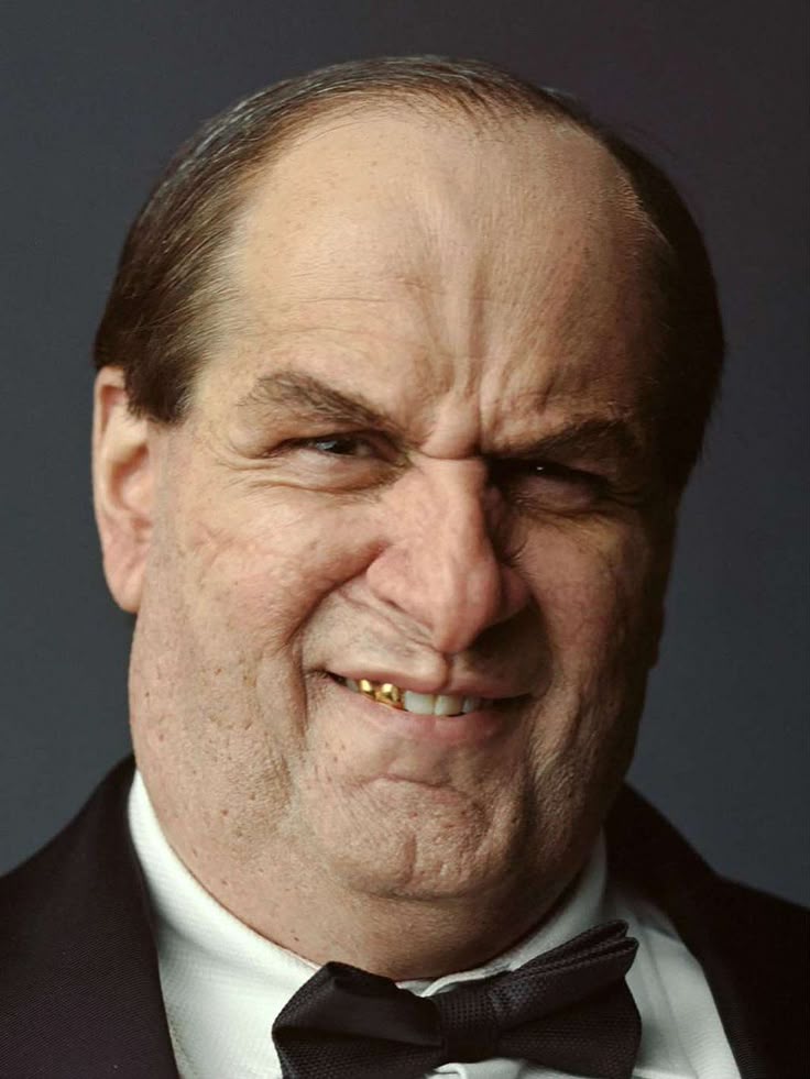 a portrait of colin farrell as the penguin (oswald cobblepot) from the batman movie, smiling with gold teeth, wearing a tuxedo and bow tie. he is depicted as a villainous character.