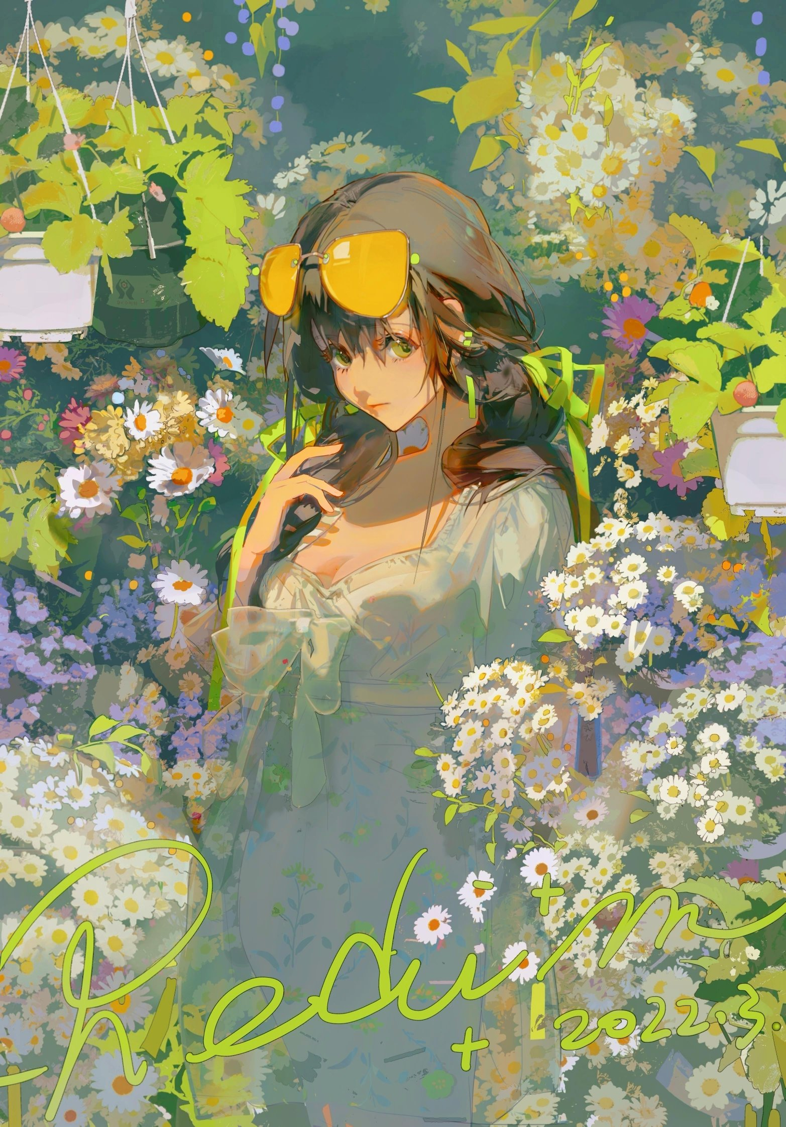 a digital illustration of a young woman with brown hair and yellow sunglasses standing in a garden surrounded by white and yellow flowers. she is wearing a white and blue dress and has a peaceful expression on her face. the lighting is soft and natural, creating a warm and inviting atmosphere.