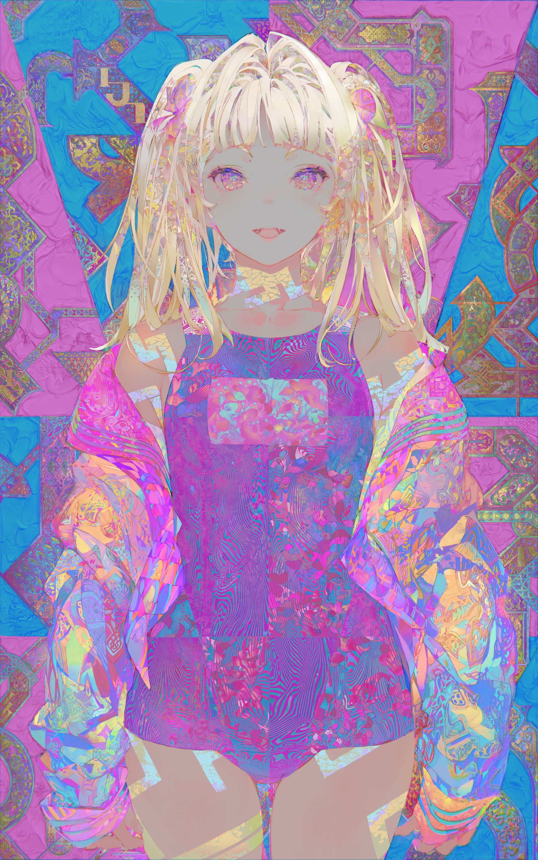 the image is a vibrant digital illustration of an anime girl. she has long blonde pigtails and is wearing a purple swimsuit over a multicolored patterned jacket. the background is a complex mix of geometric and abstract patterns in various shades of pink, purple, blue, and gold. the overall style is psychedelic and dreamlike, with a blend of sharp lines and soft textures. the color palette is predominantly pastel with bright, saturated hues. the girl's expression is gentle and serene. the image is highly stylized and incorporates elements of both realism and fantasy.