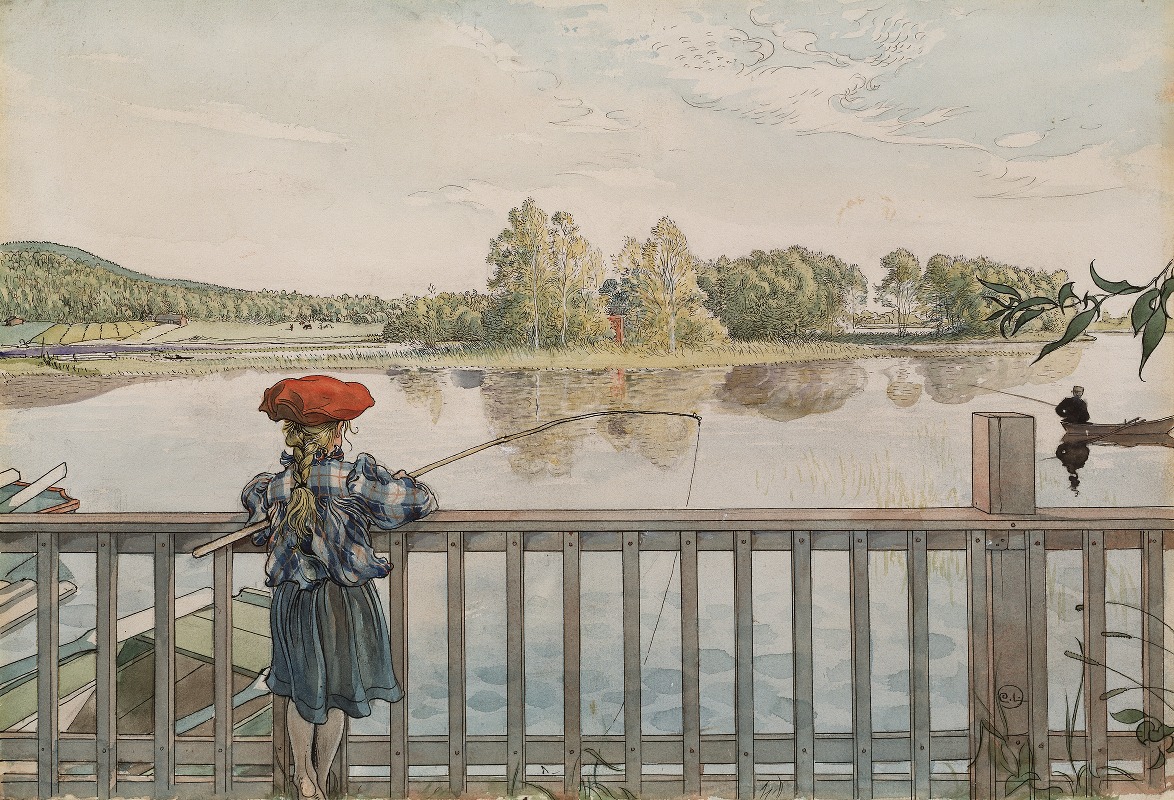 the image is a painting depicting a serene landscape scene. in the foreground, a young girl stands with her back to the viewer, wearing a red hat, a blue plaid top, and a blue skirt. she is holding a fishing rod and looking out over a lake. a wooden railing separates her from the water. several boats are docked to the left of the girl. in the middle ground, the lake reflects the surrounding trees and sky. a man in a rowboat is fishing in the distance. the background features lush green hills and trees under a cloudy sky.