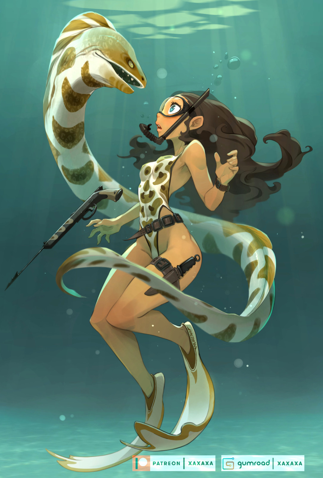 a cartoon illustration of a woman in a swimsuit with a spear gun, scuba diving underwater with a moray eel swimming behind her. the woman is wearing a swimsuit with a large fin on each foot. the moray eel is white and brown and has a large head. the background is a light bluegreen, with bubbles rising from the water. the illustration is in a cartoon style, and the colors are bright and vibrant.