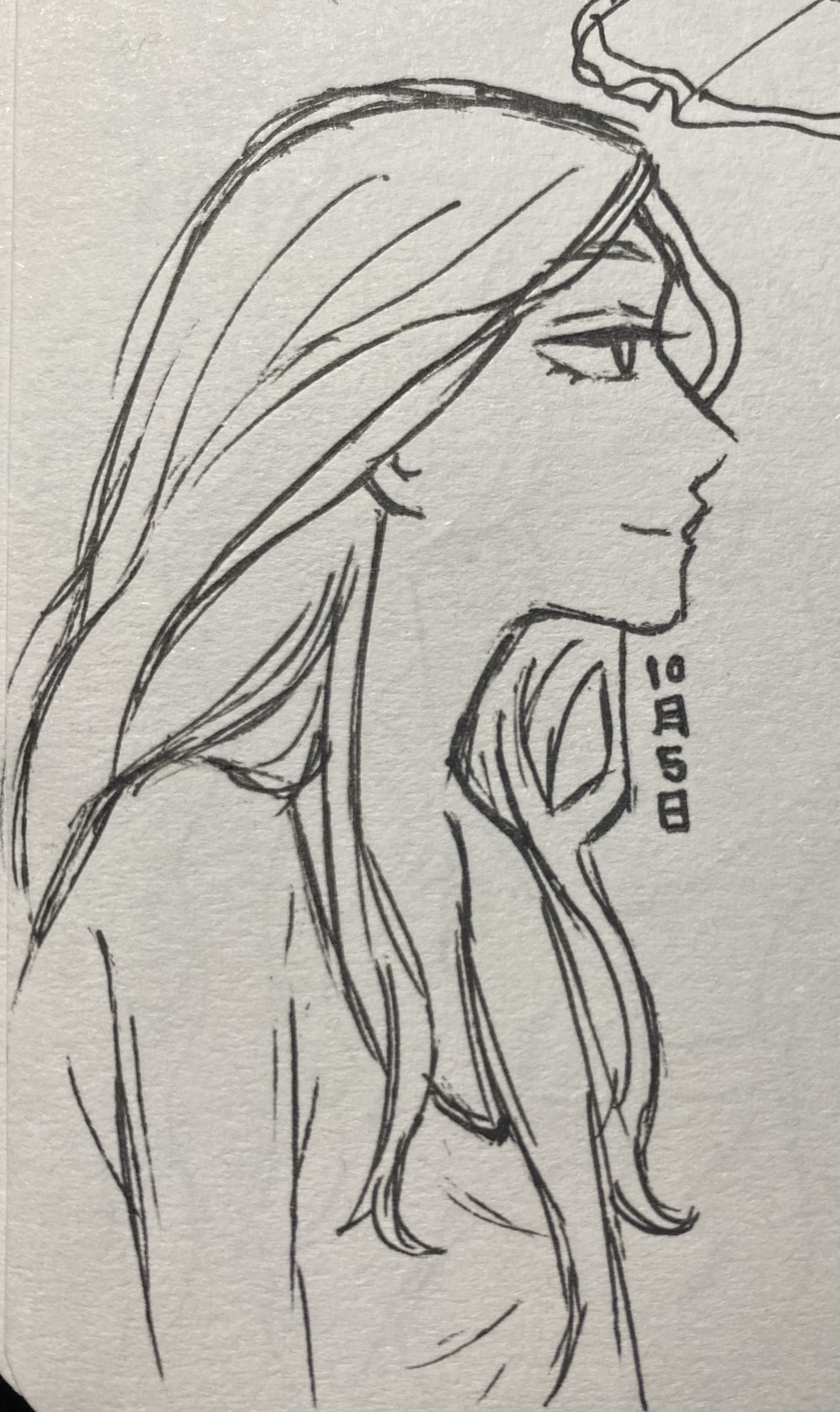 the image is a handdrawn ink sketch of a woman's profile. she has long hair that falls over her shoulder. her expression is pensive or thoughtful. the style is minimalist, with simple lines and shading. the drawing is done in black ink on white paper.