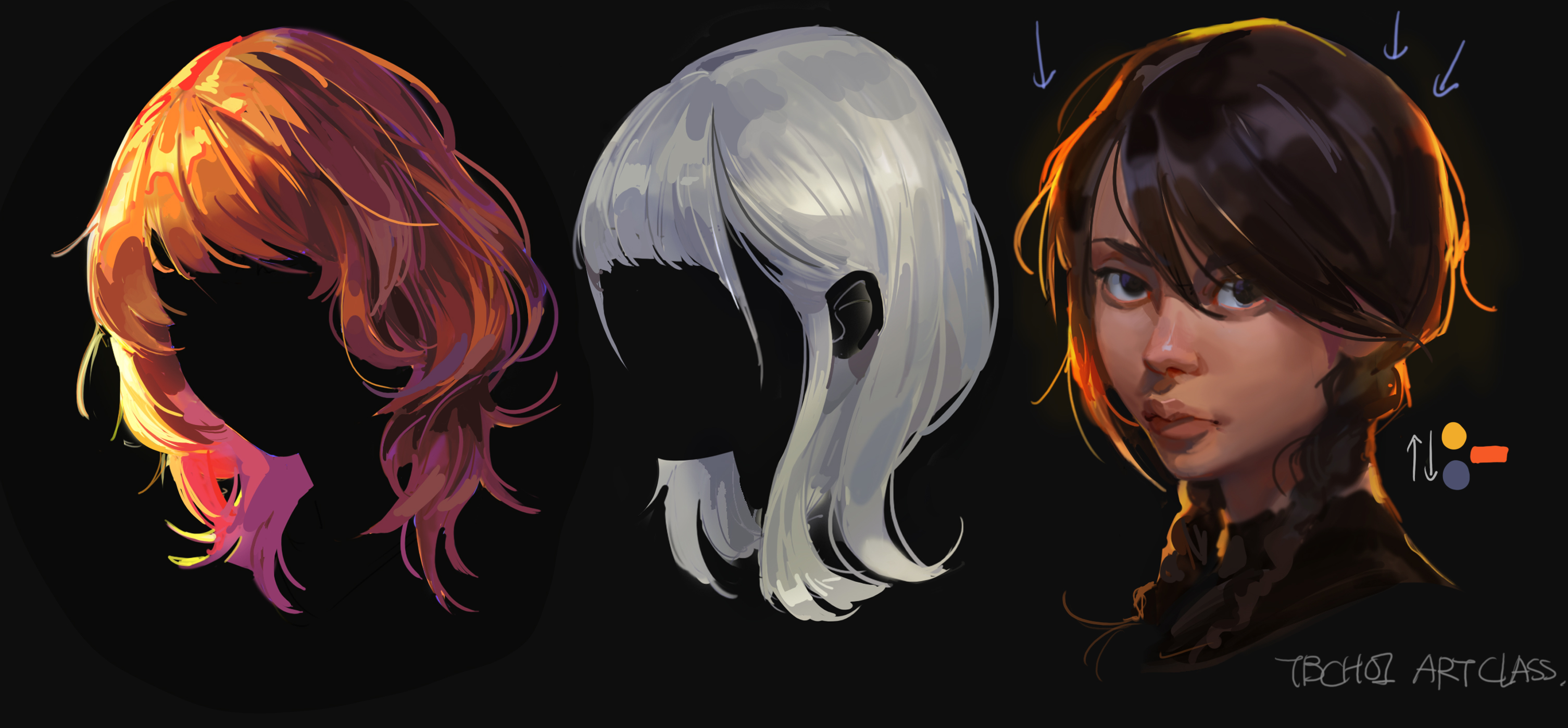 the image shows a digital painting tutorial focusing on how to paint different hair colors and styles.  three examples are presented: a red/orange style, a platinum blonde style, and a dark brown style. each hair style is painted with a painterly style emphasizing brushstrokes and blending techniques. the third example includes a partially completed portrait with the hair style as the focus.  arrows and color swatches indicate highlights and shadow areas for color mixing instruction.  the image is labeled with "tbcho art class" at the bottom, suggesting it's from an online art class.