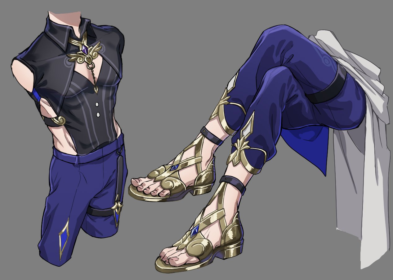 he image showcases a detailed character design, possibly for a game or animation. the artwork is divided into two main sections. the left side presents a closeup view of the character's upper body and lower half.  the character is wearing a dark, sleeveless shirt with gold detailing and a unique necklace.  the pants are a dark blue, slightly loosefitting, and also feature gold accents. the right side depicts the character's legs from the knees down, showcasing elaborate gold sandals that are strapped to the legs. a flowing, offwhite piece of clothing drapes around the legs. the background is a neutral gray, allowing the clothing and character design to stand out. the style is distinctly fantasyinspired, with an emphasis on ornate details and rich color palettes.