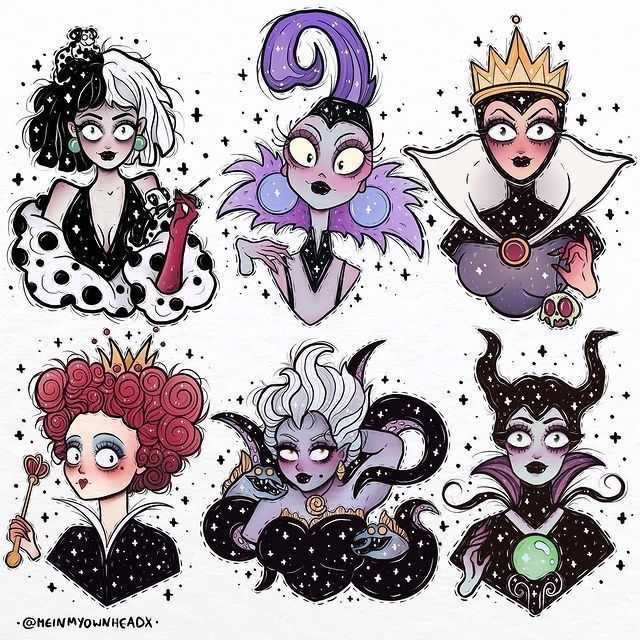 the image features a compilation of illustrations depicting six iconic disney villains: cruella de vil, yzma, the evil queen, the queen of hearts, ursula, and maleficent. each villain is drawn in a stylized, cartoonish manner with exaggerated features and distinctive color palettes. the backgrounds are subtly adorned with stars, and the artist's handle, @heinmyownheadx, is included.