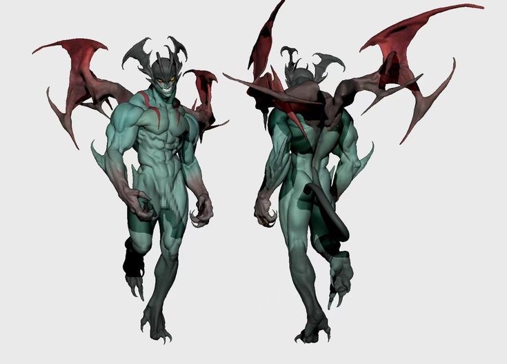 the image presents a detailed 3d model of a male demonic creature, viewed from two angles.  the creature is humanoid with prominent musculature, teal skin, and large, dark red wings. it possesses horns and sharp claws, contributing to its fierce and powerful appearance. the model is meticulously detailed, showcasing highquality digital sculpting and rendering techniques, making it suitable for concept art or video game development.