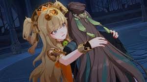 two anime characters are embracing. one has blonde hair with gold accents and the other has dark hair with green accents. the background is blue and appears to be digitally created.