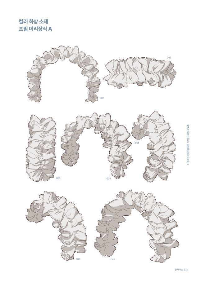 a set of drawings of ruffles, or frills. the drawings appear to be garment trims,  and are labeled with numbers.  some are curved into an arch shape, while others are straight.  all of the drawings are line art, done in grey.
