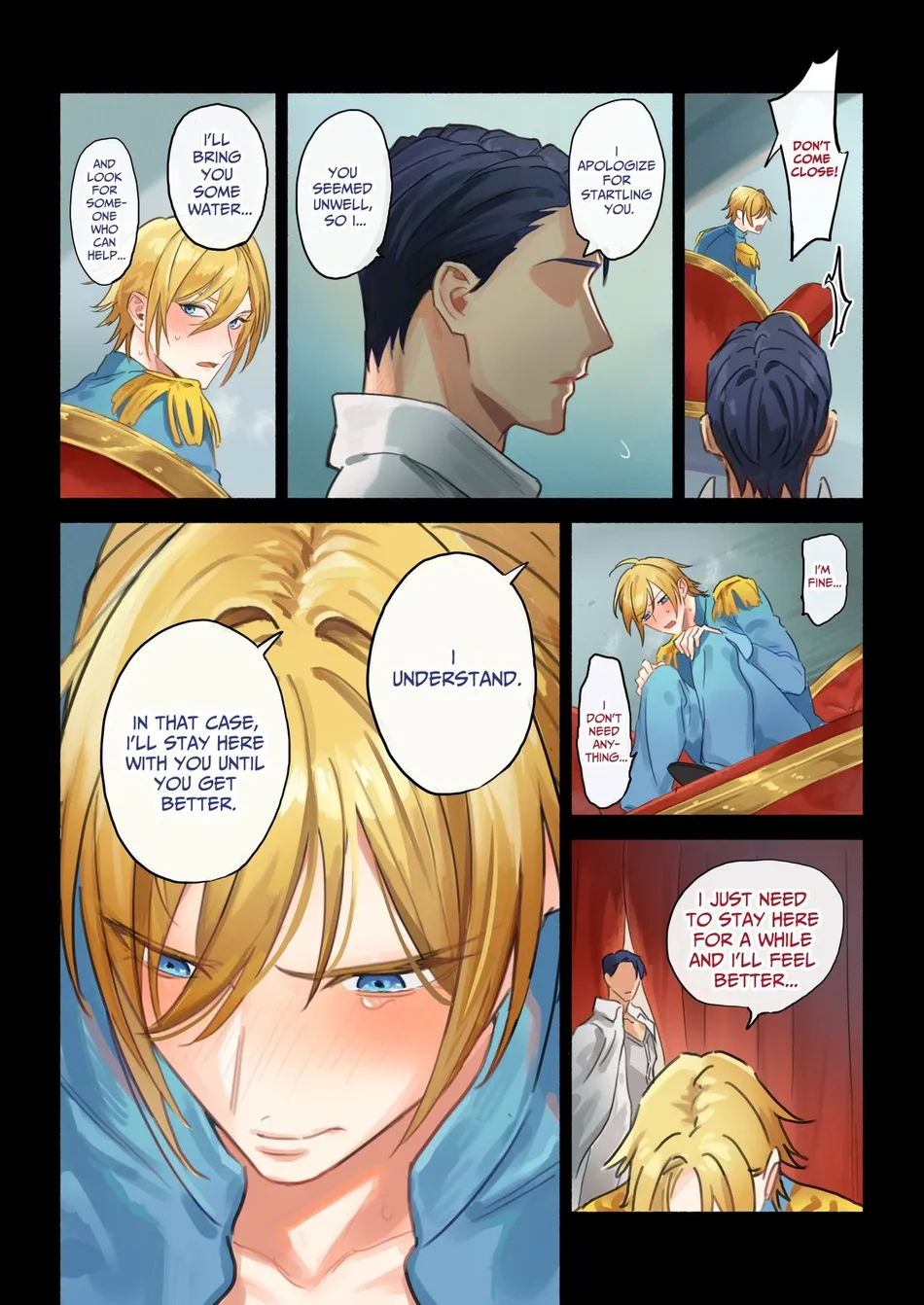 this is a comic strip from a manga or anime series that shows a conversation between several characters, including a male character who is feeling unwell. the comic takes place in a setting that appears to be a royal court or palace, as there are several scenes of the characters sitting in a throne room. the characters are all male and they are speaking to each other with concern. the conversation suggests a romantic interest between some of the characters. the characters are all drawn in a very typical anime style with large eyes and exaggerated features.