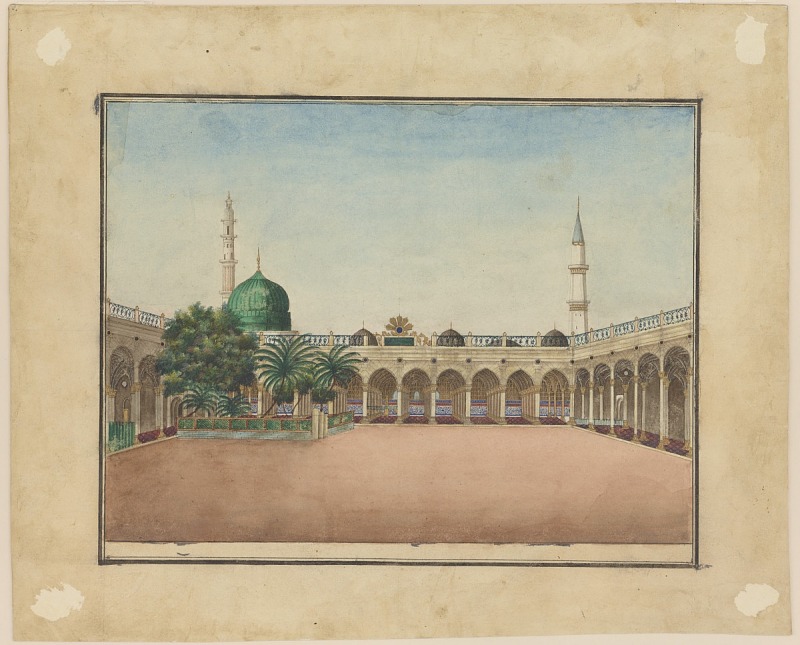 watercolor painting of a mosque courtyard with a green dome and two minarets, surrounded by arched corridors and palm trees, under a blue sky.