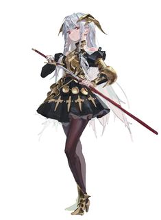 a young woman with long, white hair stands poised for battle. she is clad in ornate golden and black armor, her right hand gripping a long, thin sword. the image is rendered in a style reminiscent of japanese animation, with delicate lines and soft lighting that emphasizes the character's youthful features and the intricate details of her attire.