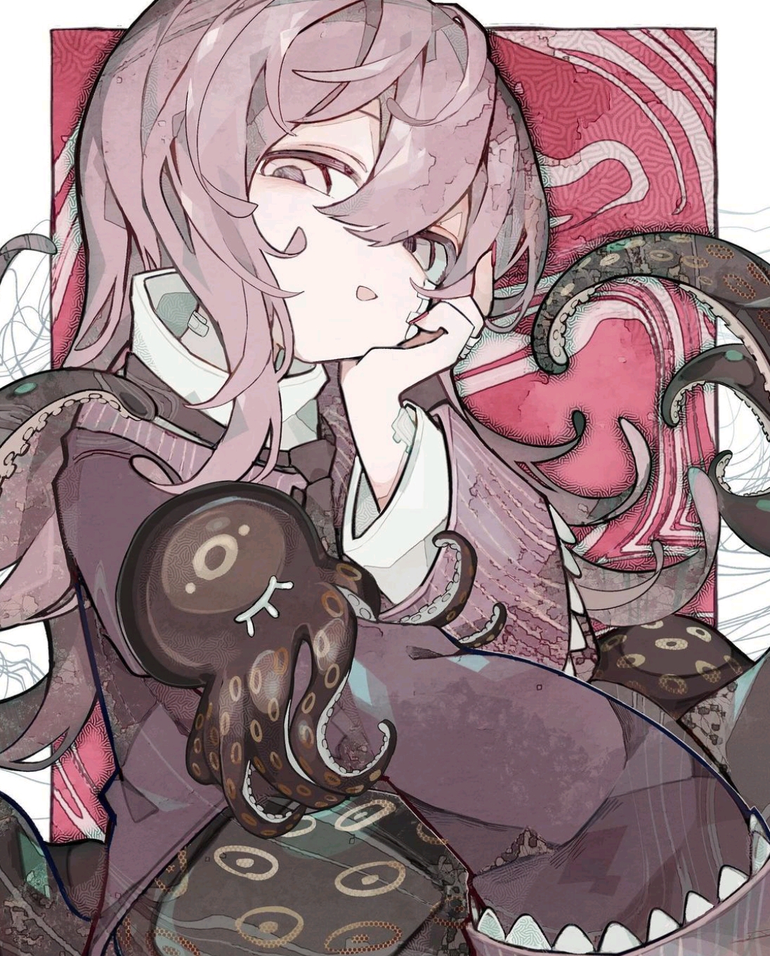 the image depicts a young anime girl with pink hair, appearing thoughtful with her chin resting on her hand. she's dressed in a buttoned jacket with a white collar. a whimsical octopus rests on her shoulder, while other tentacles are visible around her. the background features a patterned square shape, enhancing the artistic and slightly surreal atmosphere of the image.