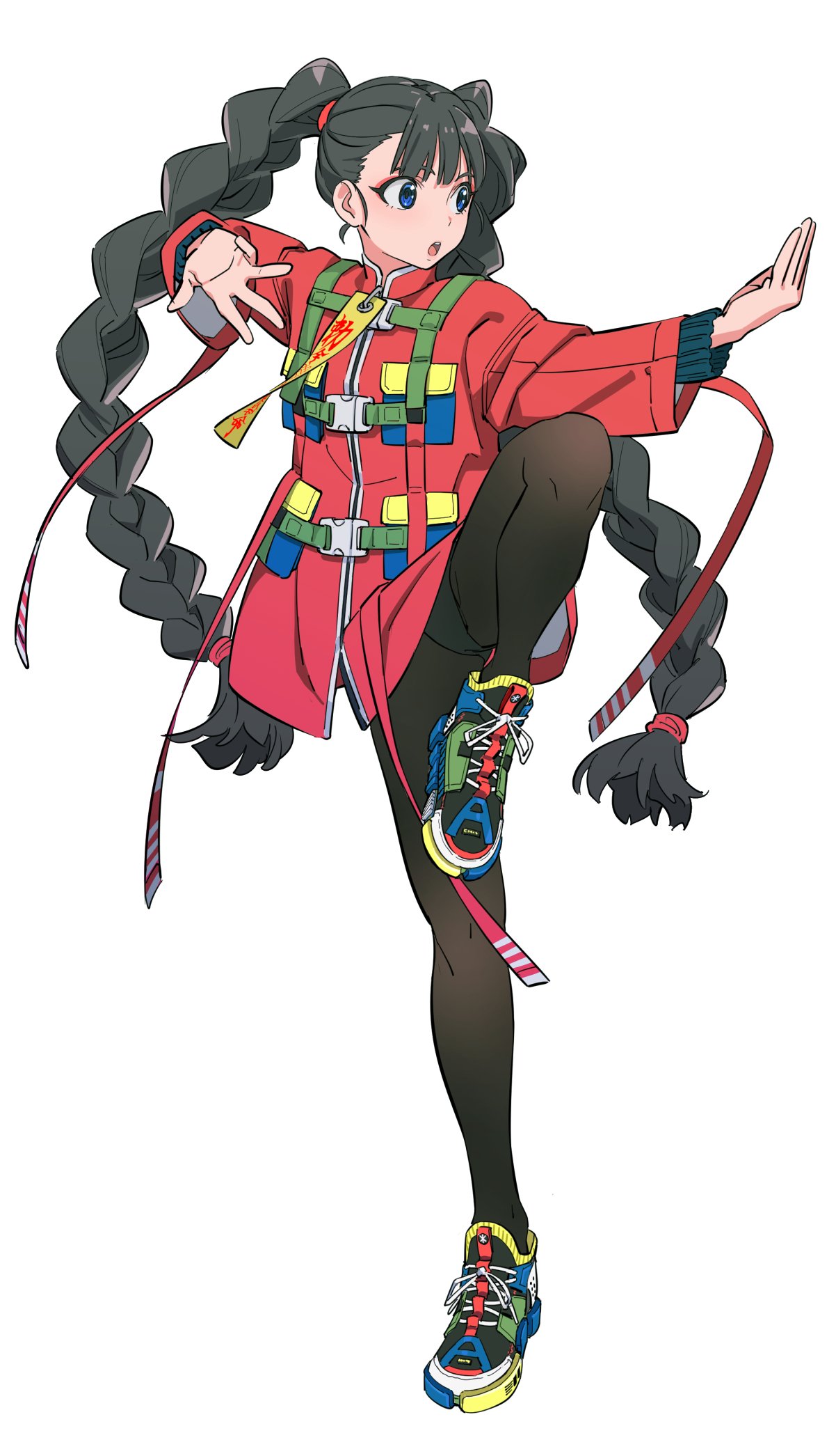 the image is a digital illustration of an animestyle female character.  she's depicted in a dynamic action pose, her body angled as if midstrike or movement.  she has long black braids, a red jacket with colorful block detailing, and black tights paired with colorful sneakers. her expression is alert and focused. the overall style is vibrant and energetic. the art style is clean and sharp, with a focus on expressive linework and color.