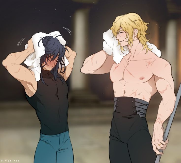 this illustration features two men standing side by side. the man on the left has black hair and is wearing a black tank top and blue pants. he's holding a white towel to his face and appears to be sweating. the man on the right has blonde hair and is shirtless, wearing black pants and a black corset,  he is also wiping sweat from his face with a towel. he is muscular with visible scratches on his chest and arms. the image has an anime/manga style.