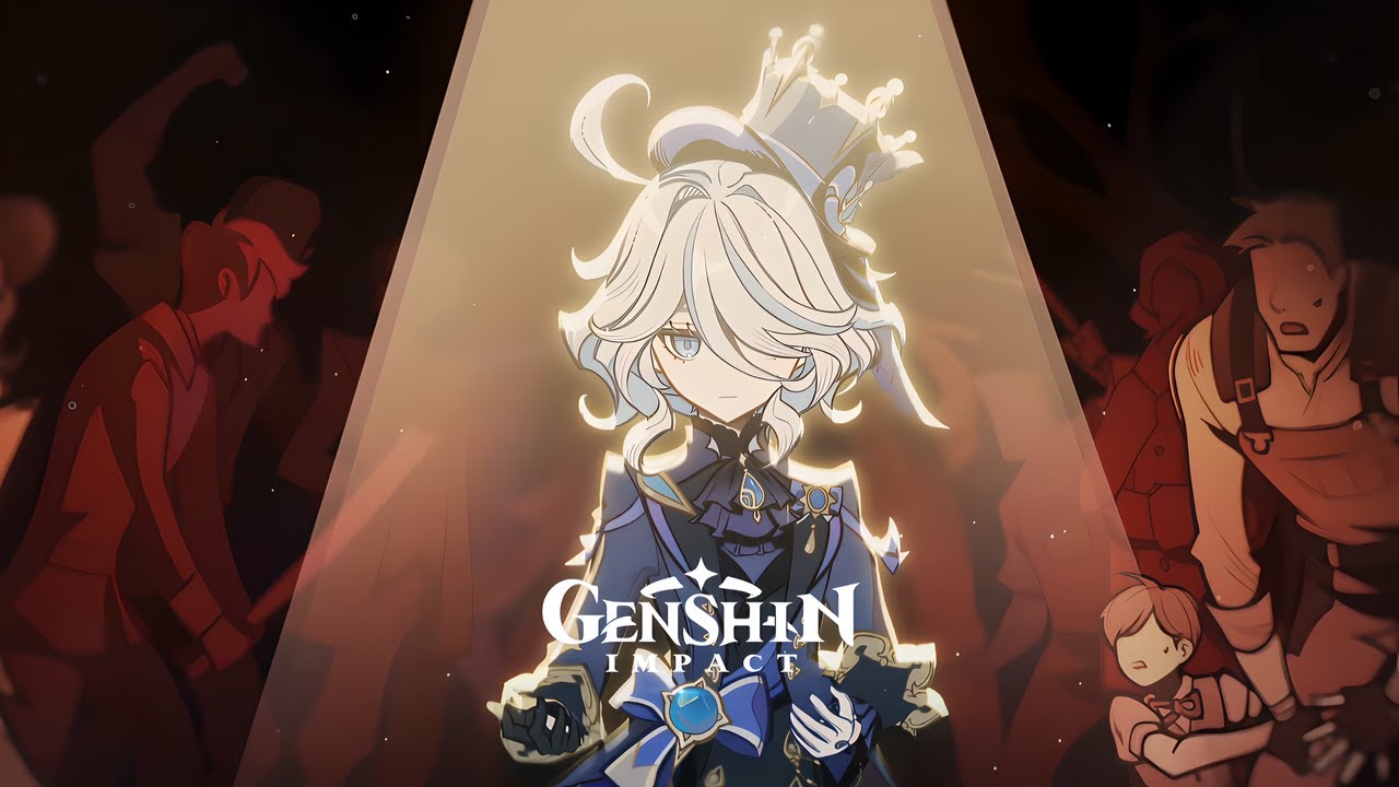 the image is a promotional poster for the video game genshin impact. it features the character of the fatui harbinger, pierro, standing in the center of the image. pierro is a tall, slender woman with long, white hair and blue eyes. she is wearing a blue and black dress with a crown on her head. she is surrounded by a glowing light, which illuminates her figure. the background of the image is dark and shadowy, with silhouettes of people in the background. the image has a magical and fantasy feel to it.