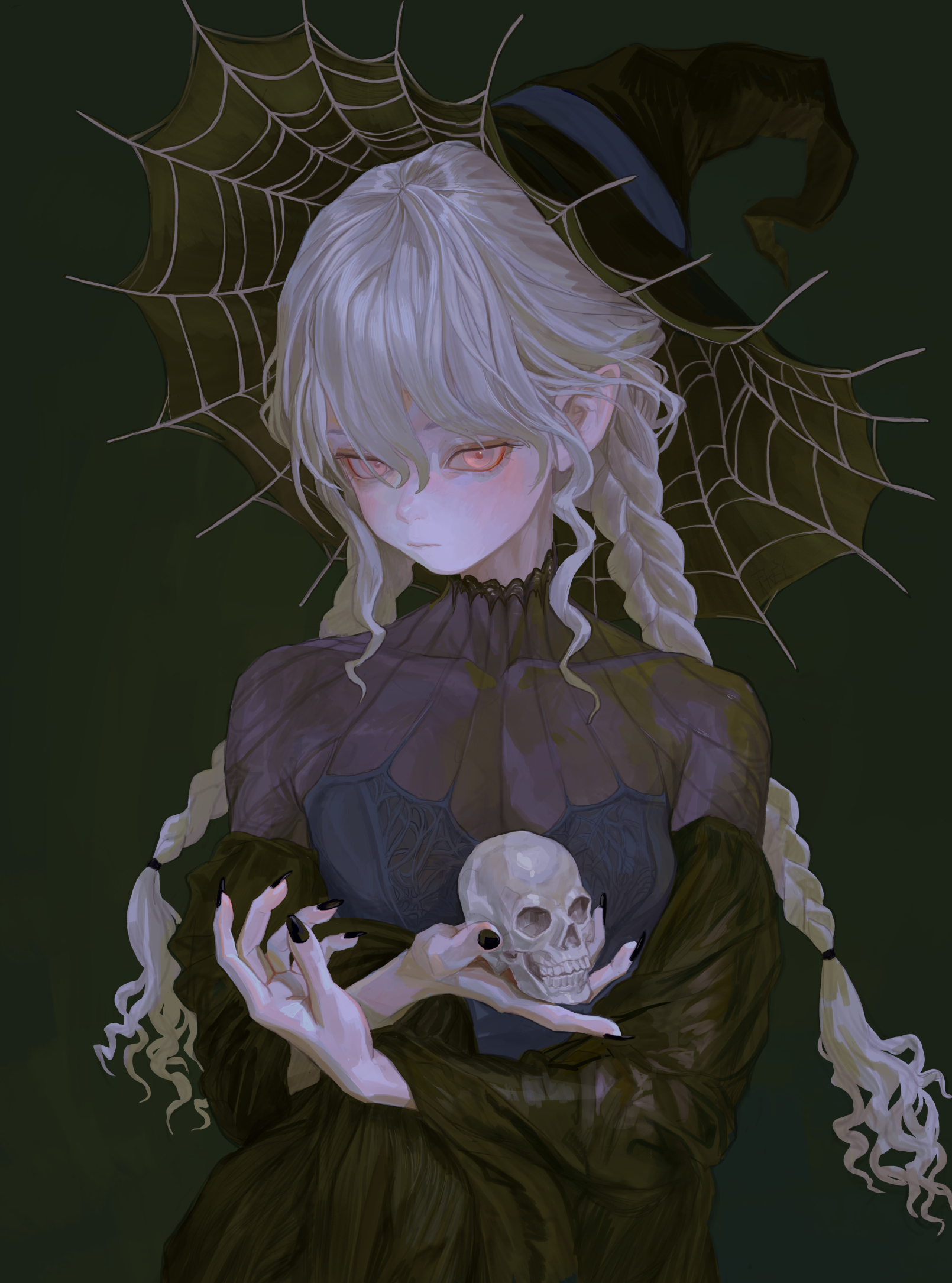 an animestyle illustration depicts a young witch with pale skin and red eyes. she has long, whiteblonde braids and wears a black dress with intricate details. she is holding a small skull in her hands. behind her is a dark green background with a stylized spiderweb. a black witch hat sits on her head. the artwork has a dark fantasy aesthetic.