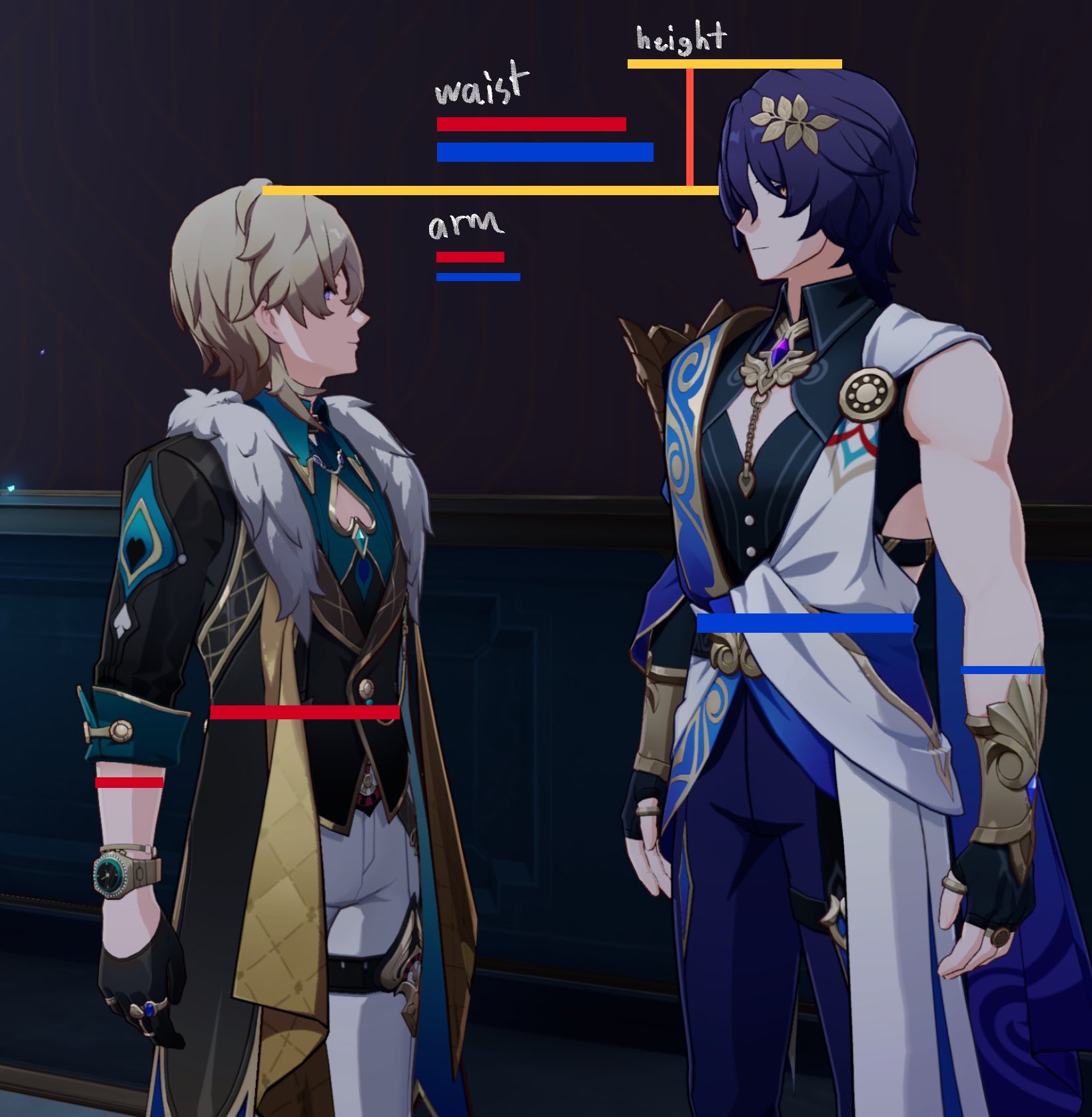 this is a picture of two male characters from genshin impact, a popular video game. they're standing side by side, and their heights are marked along with their waists and arms. one character is wearing a blue and white outfit with a yellow sash, while the other is wearing a black and gold outfit with a white scarf. they are both looking in different directions.