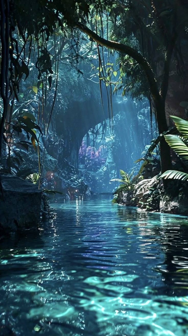 the image shows a lush, tropical jungle scene with a river flowing through it. the water is a vibrant turquoise color and reflects the sunlight. plants and trees line the riverbanks and hang from the trees, creating a dense canopy. there's a cave in the background with more trees, and the scene is filled with light and shadows.