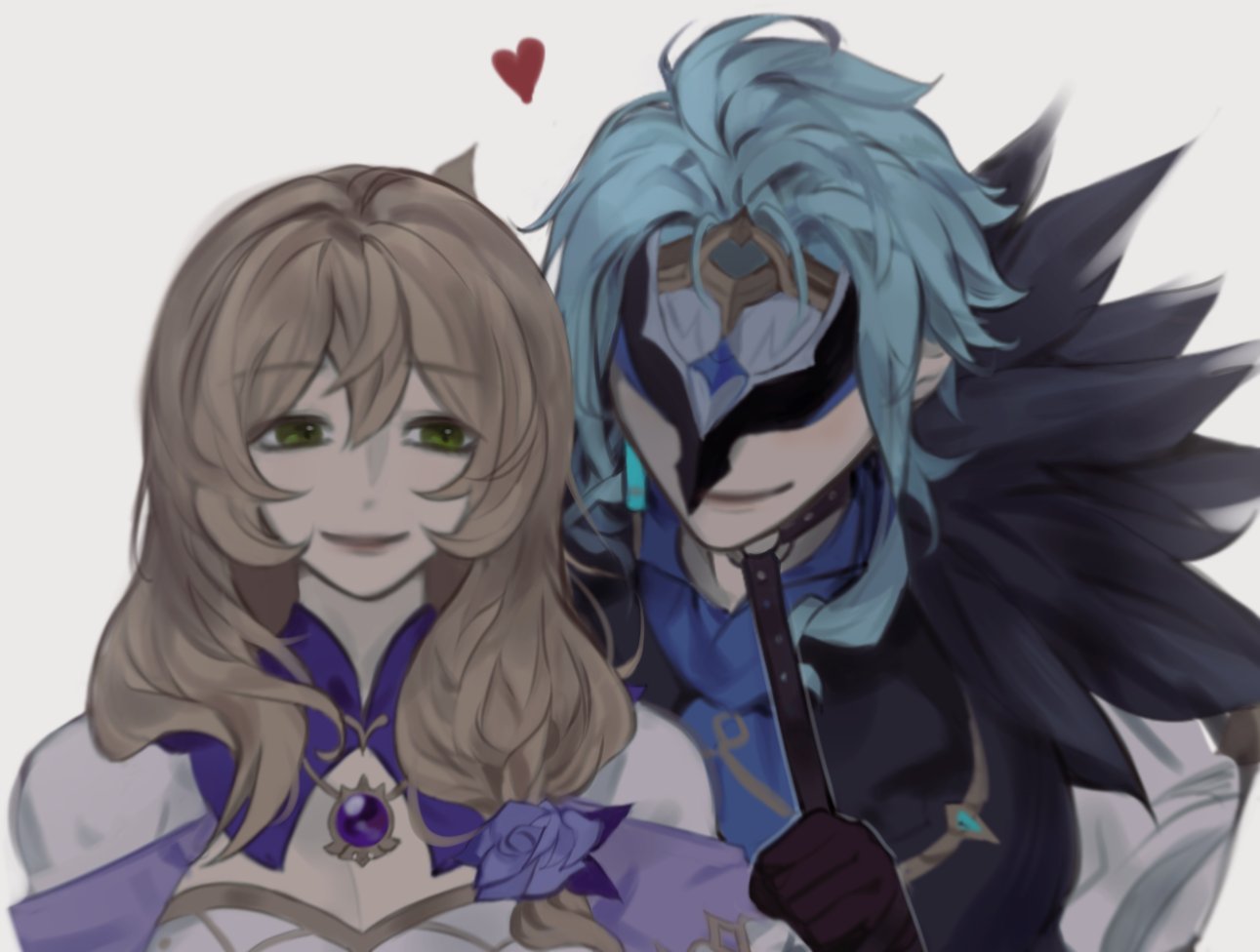 a digital illustration of kazuha and amber from the game genshin impact. they are standing next to each other, with kazuha's arm around amber's shoulder.  kazuha has his back to the viewer while amber is looking up at kazuha with a smile.  a small heart floats above them.  both characters are drawn in a stylized anime art style.