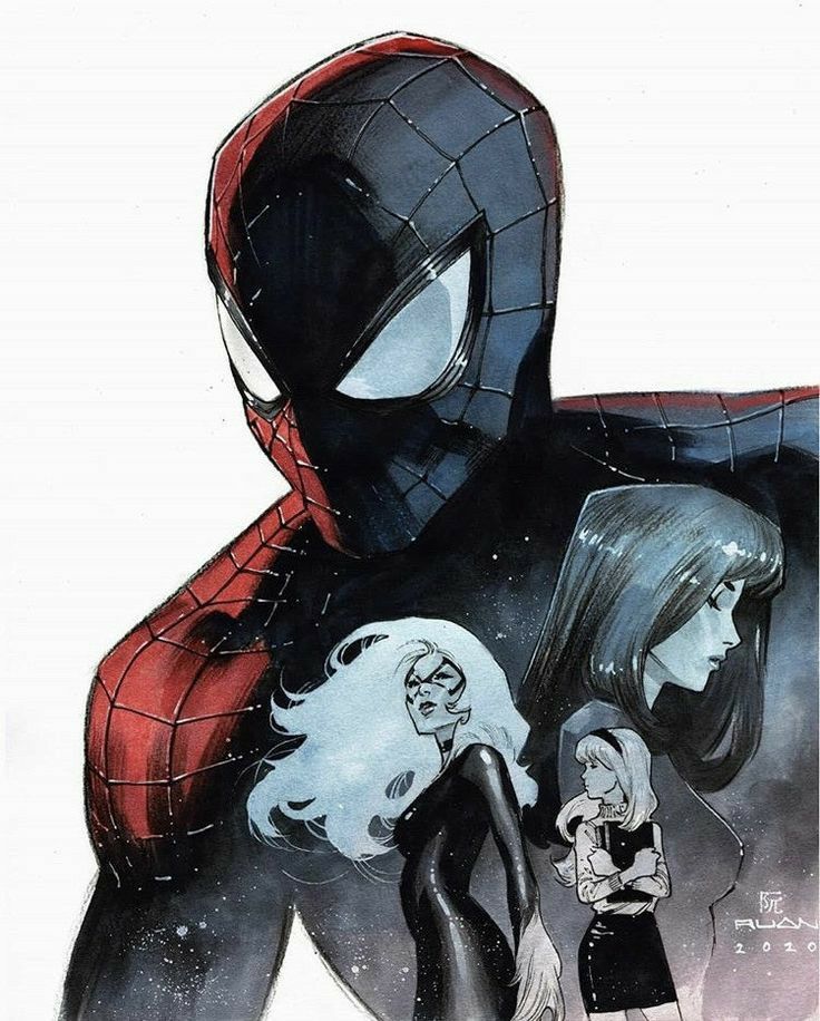 the image shows a comic book illustration of spiderman, black cat, and gwen stacy. spiderman is the central figure, his head is facing to the right, and he is looking at the viewer. he is wearing his classic red and blue suit. black cat is standing to the right of spiderman and is looking towards the left side of the image. she is wearing her signature allblack costume with a white fur stole. gwen stacy is standing behind black cat, her head is turned towards the right side of the image. she is wearing her signature green and white costume. the background is a dark, starstudded sky. the overall image is stylish and dynamic and captures the essence of the characters.