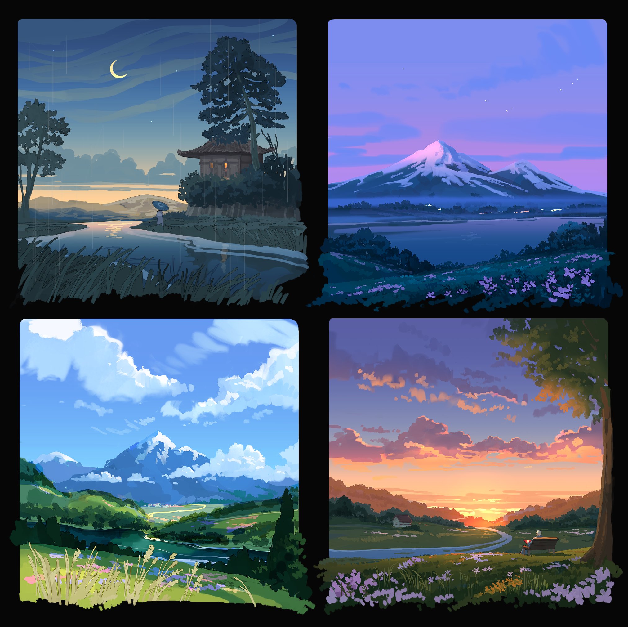 the image shows four different landscape illustrations in an anime style. the top left features a rainy night scene with a crescent moon, a river, trees, and a traditional house. the top right shows a lake with mountains in the background under a pink and purple dawn sky. the bottom left depicts a bright, sunny scene with mountains, rolling green hills, fields, and a blue sky with fluffy white clouds. the bottom right illustrates a sunset with a river winding through a field of flowers, a person sitting by the river and trees silhouetted against the orange and pink sky.