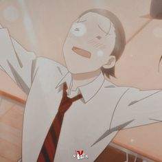 this is a closeup illustration of an anime boy. he has short, dark hair and is wearing a white shirt with a red tie. his facial expression suggests that he is embarrassed or surprised by something. the background is a soft peach color with sparkles.