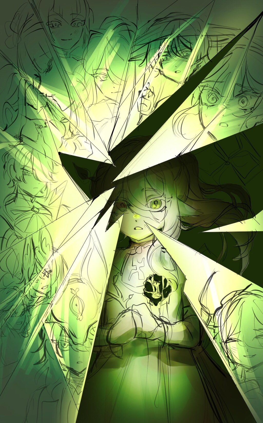 this is a digital art sketch of a girl in the middle of the image, surrounded by fragmented glass. the girl is frightened and staring with a dark, shadowed look. her reflection shows many different faces as if they are all trapped inside her. the colors are green and white with a dark feel.