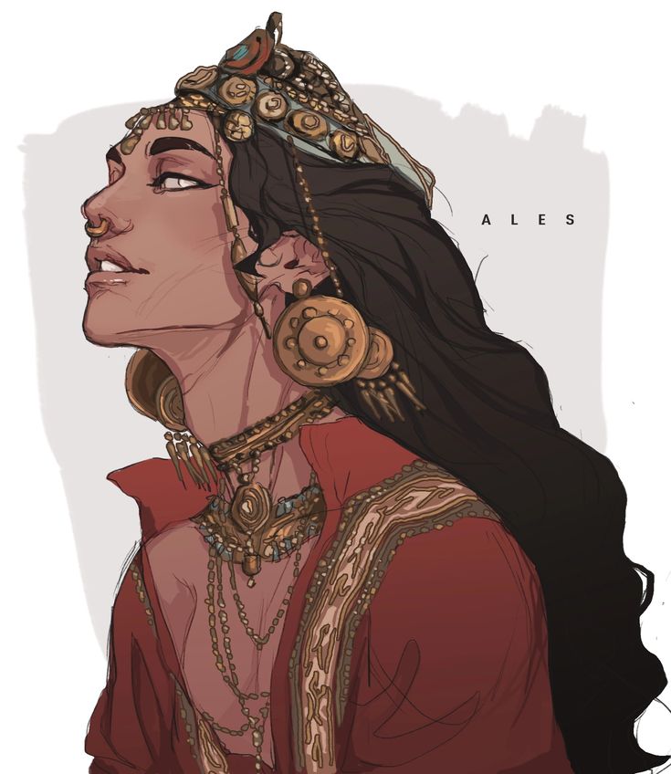the image is a digital painting of a female character, seemingly from a fantasy setting. she is depicted from the chest up, with her head turned slightly upward and to the side, giving a profilelike view.  she has dark hair and rich, dark skin.  she wears elaborate gold jewelry including a large ornate headpiece, large circular earrings, multiple necklaces (including a prominent choker), and a richly embroidered red dress. the style of the clothing and jewelry suggests a middle eastern or persian influence. the overall mood is one of elegance and mystery. the artist's signature, "ales," is subtly placed in the background. the artwork is highly detailed, with a focus on the intricacy of the character's clothing and adornments.