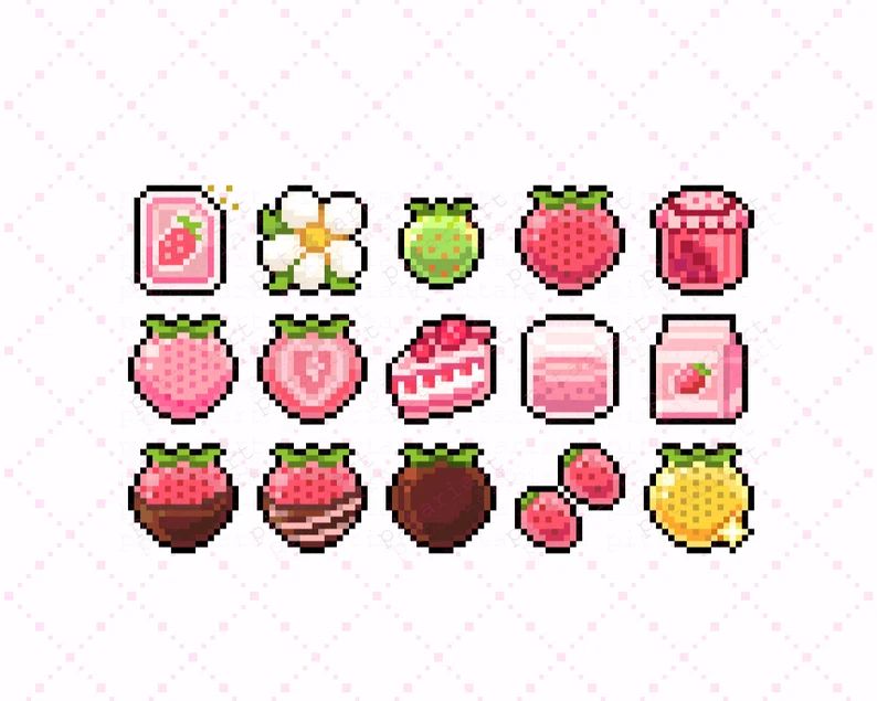 a set of pixel art icons with a strawberry theme. there are whole strawberries, strawberry slices, a flower, a bar of soap, a jar of jam, yogurt, a slice of strawberry cake, chocolatecovered strawberries, and a lemon. the background is a light pink with white polka dots.