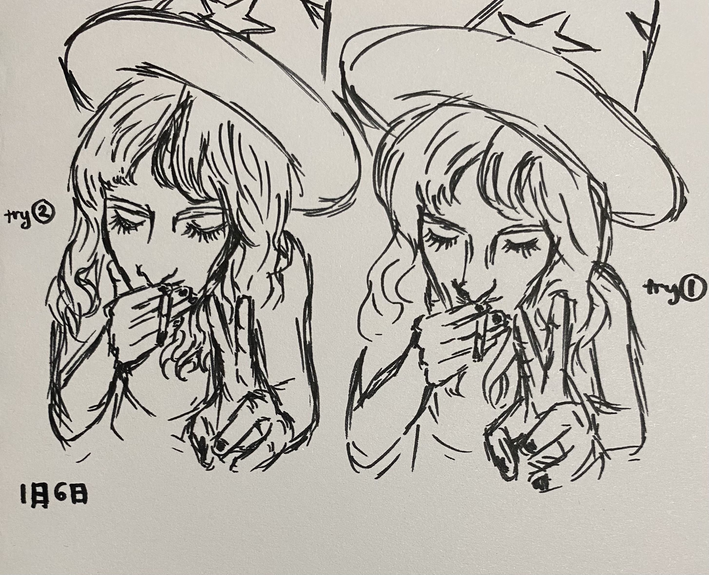 the image is a black and white ink drawing of two identical girls wearing witch hats.  both are depicted from the chest up, engaging in the same action  holding and appearing to smoke a cigarette. their style is whimsical and slightly stylized, with flowing hair and expressive eyes.  the drawing appears to be a duplicate image, mirrored to some degree, of the same girl repeated.  there is a handwritten date (196日) and an artist's signature, "try©", present on the page. the overall style suggests a sketchbook or quickstudy drawing.