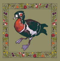 he image showcases a detailed illustration of a mandarin duck. the duck is depicted in a stylized manner, with vibrant colors and a slightly whimsical feel.  it's positioned centrally within a square frame adorned with an intricate border of stylized flowers, leaves, and berries in autumnal colors. the background is a muted olive green, creating a pleasing contrast with the colorful duck and border. the overall style suggests a vintage or antique aesthetic, perhaps inspired by botanical illustrations or medieval illuminated manuscripts.