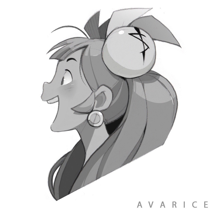the image is a black and white digital sketch of a young girl with an anime/manga style. she's depicted in profile, her head tilted back and mouth open in an expression of joyful surprise. her hair is drawn in thick strands, pulled back into a high ponytail with a large, round bow perched on top. she has large eyes and a small, upturned nose. the overall style is playful and expressive.