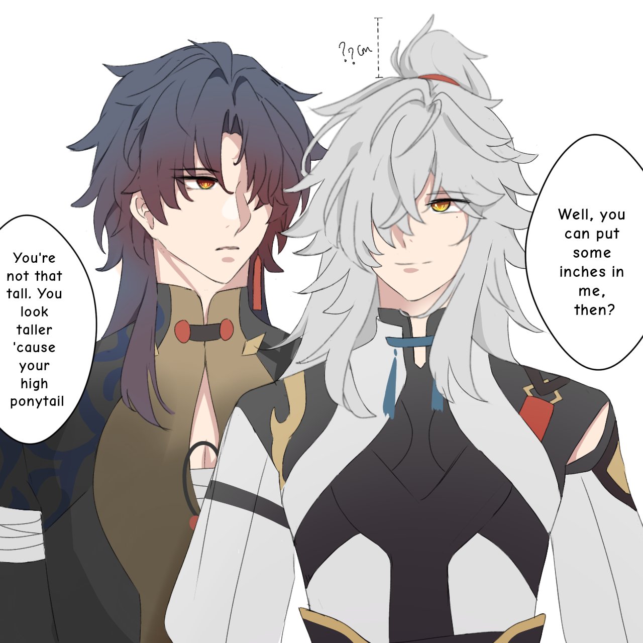 the image shows two anime male characters.  the one on the left has long dark hair in a ponytail. he has light skin and is wearing a colorful outfit. the one on the right has long white hair. he is wearing a black and gold outfit. they are standing side by side comparing heights. they are both smiling. the text in the image suggests that the character on the left is telling the other character that he is taller because of his ponytail.